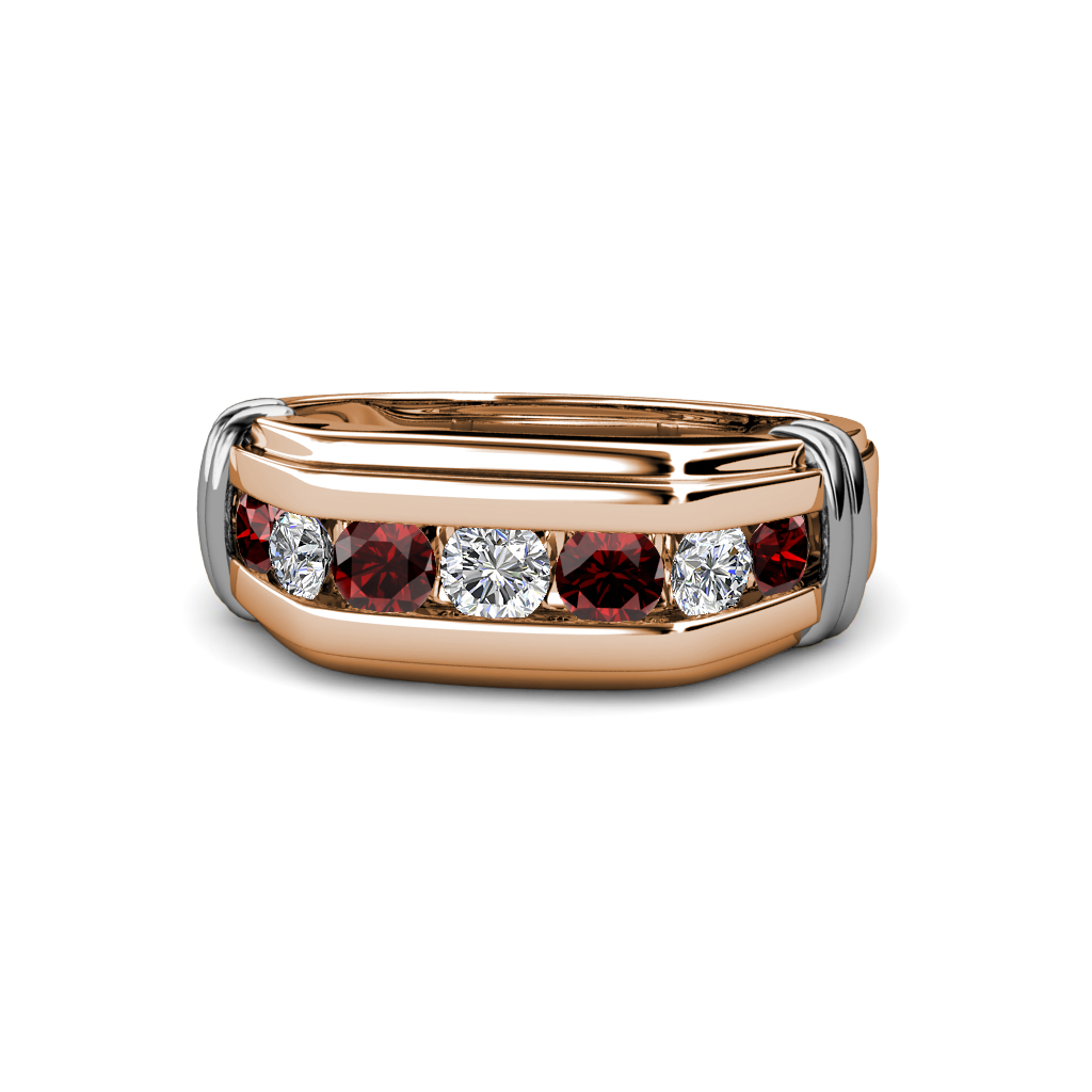 Brad Round Red Garnet and Diamond 7 Stone Men Wedding Ring (8.5 mm) 